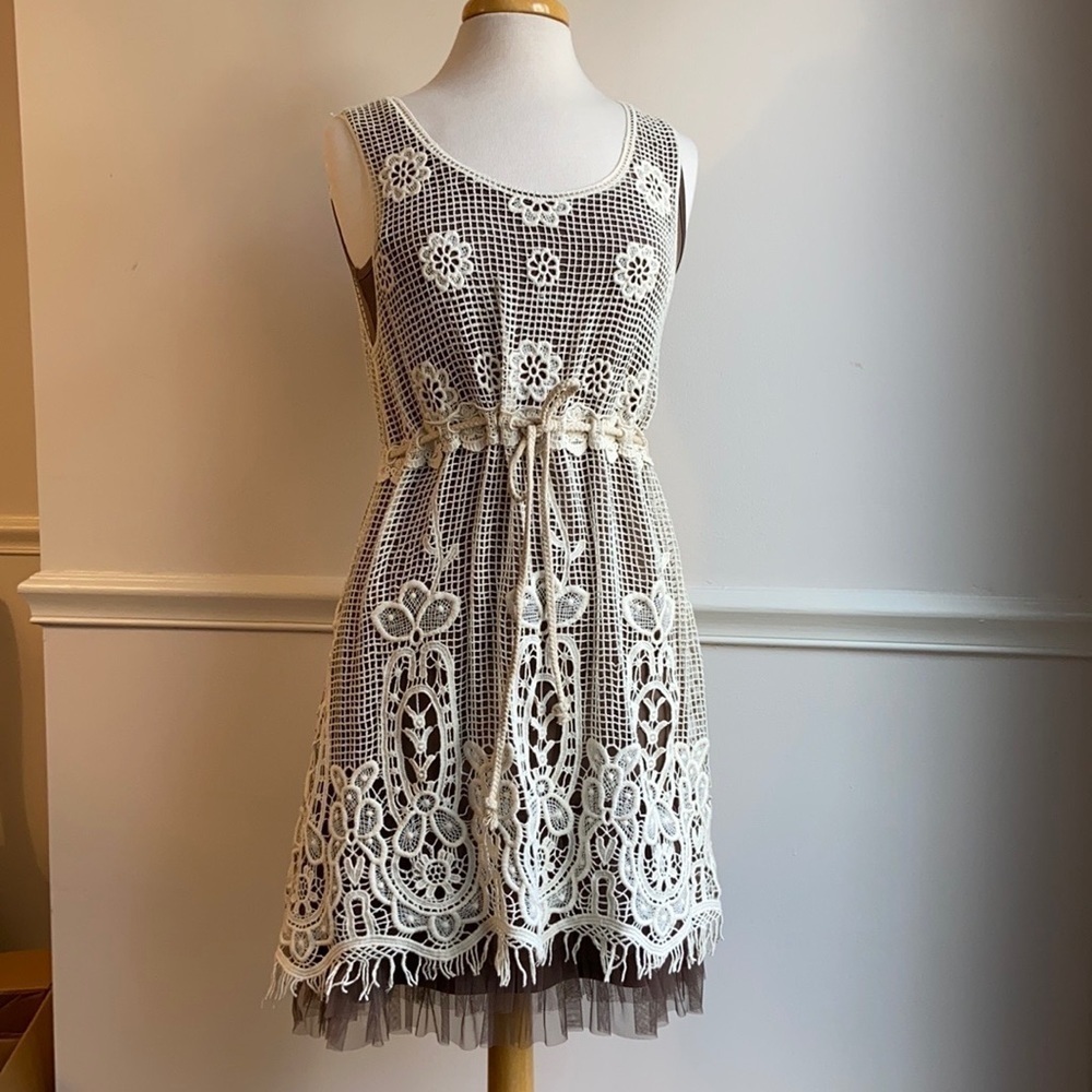 Ryu Anthropologie Crochet Sleeveless Dress with Brown Toile Ruffle Slip Dress